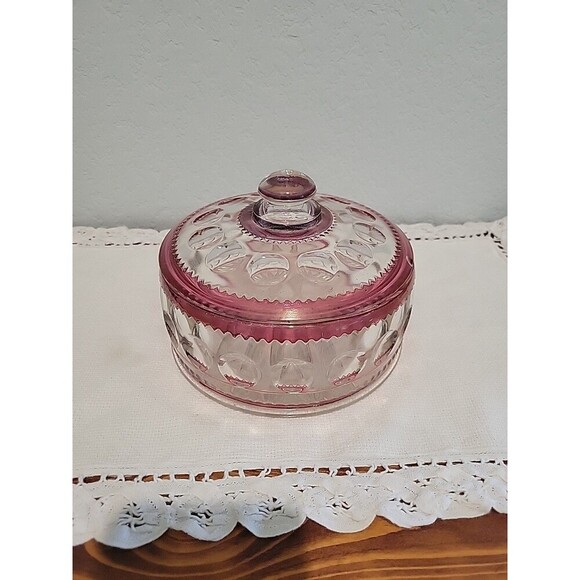 Vintage Kings Crown 6” Candy Box Ruby Cranberry Flashed W/Lid Cottage Grandma - Picture 1 of 12